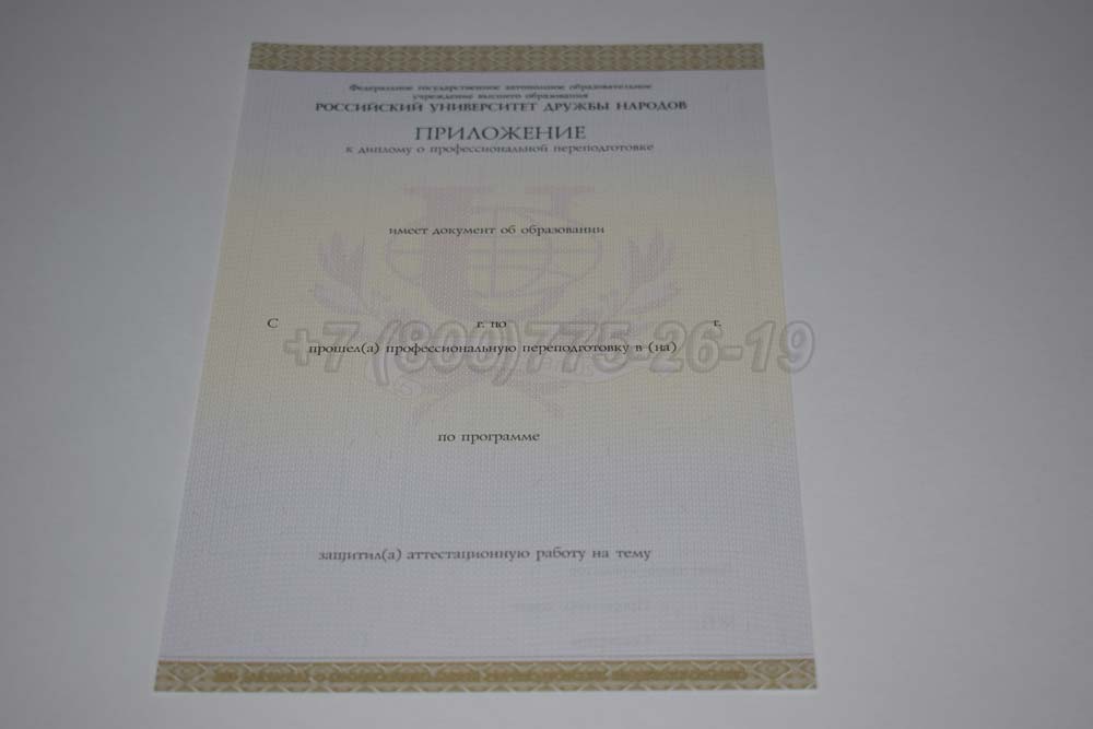 Приложение к диплому о переподготовке РУДН Гознак 2014-2025 год выпуска г.Челябинск