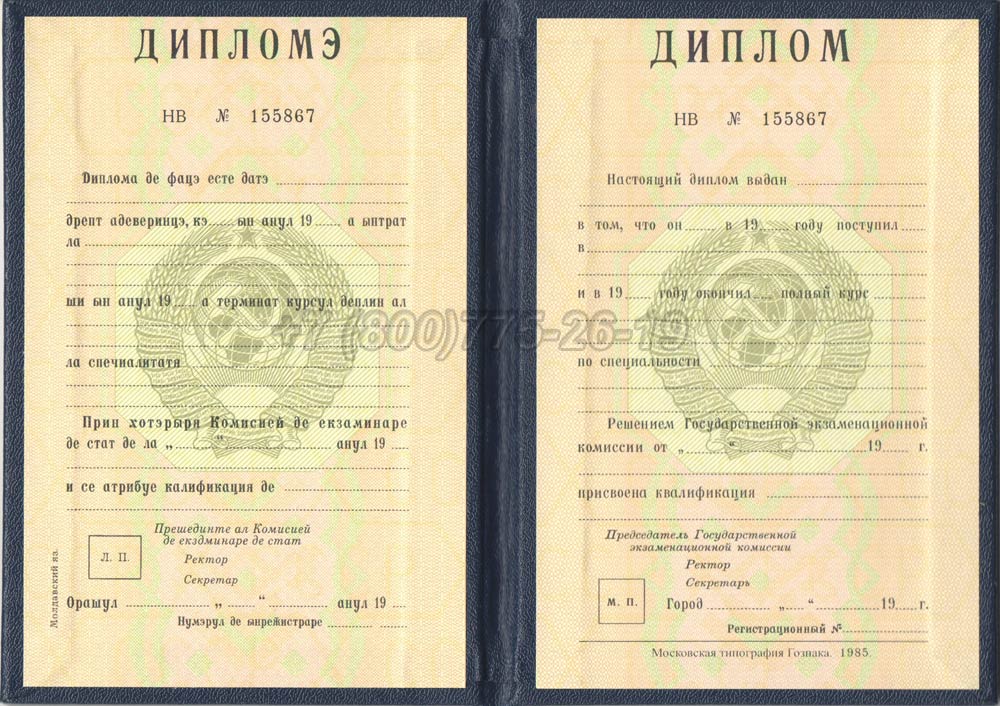 Диплом вуза Молдавской ССР Гознак 1975-1991 год выпуска г.Челябинск