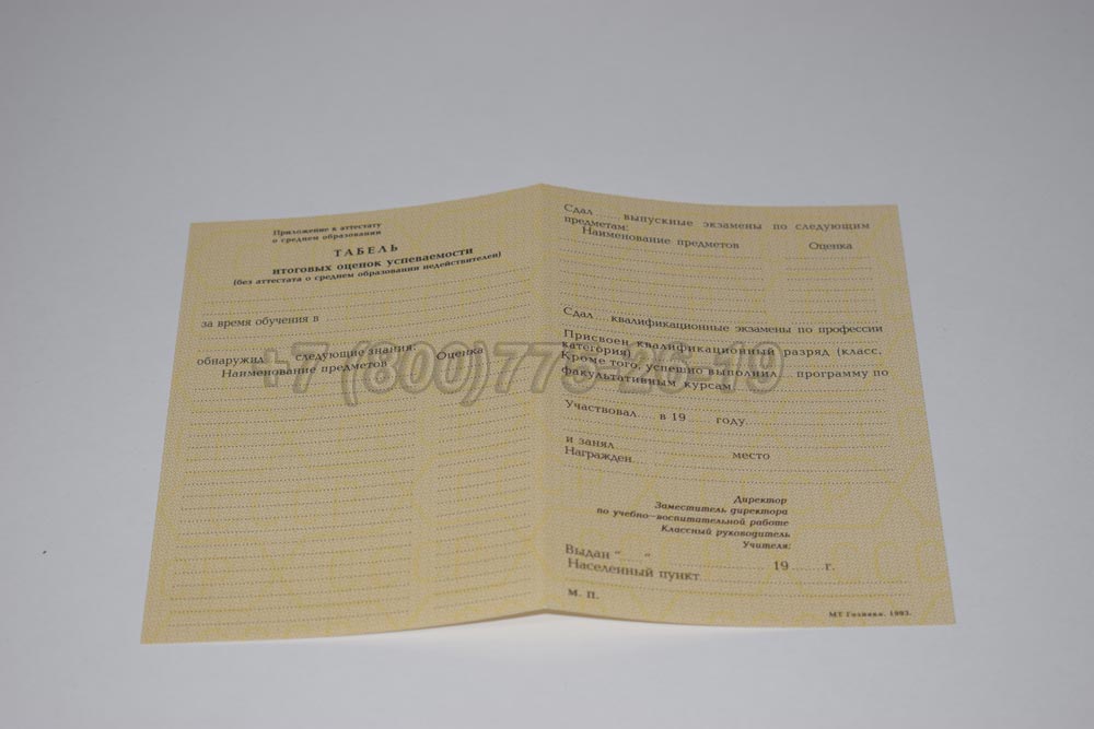 Табель к аттестату за 11 класс Гознак 1990-1993 год выпуска г.Челябинск