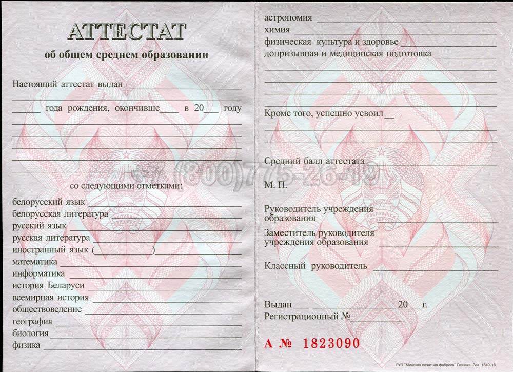Аттестат о полном среднем образовании Беларуси Гознак 2000-2025 год выпуска г.Челябинск