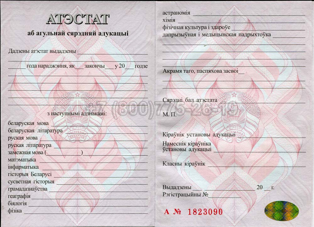Аттестат о полном среднем образовании Беларуси Гознак 2000-2025 год выпуска г.Челябинск
